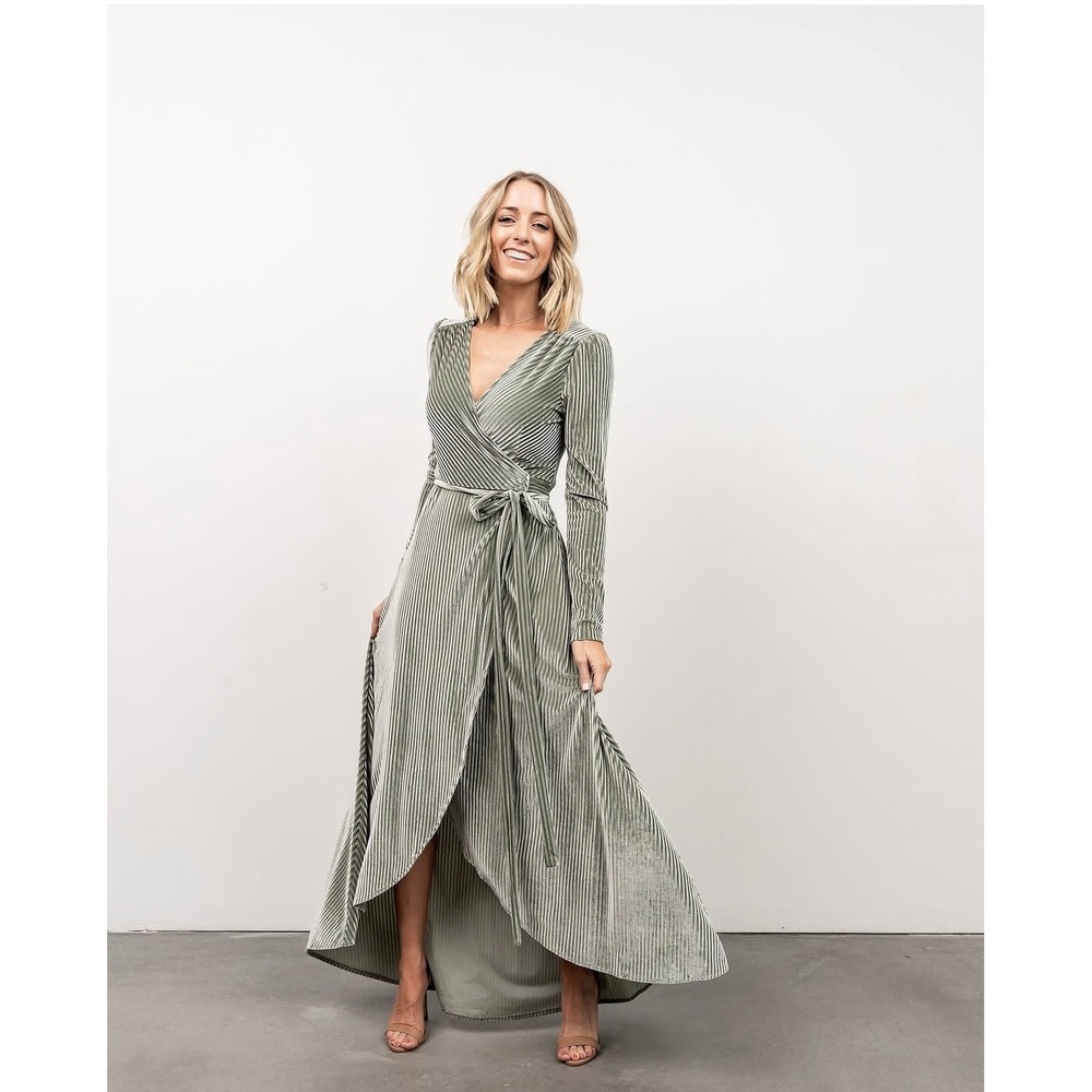 Baltic Born NWTs $104 Jada Ribbed Velvet Wrap Dress Dusty Sage Green XS